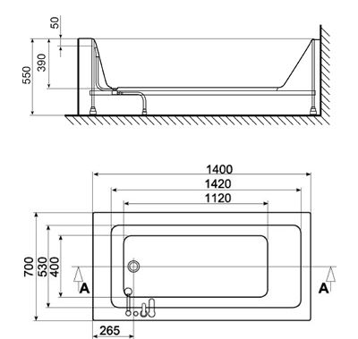 אמבטיה אקרילית מלבנית 140x70 בצבע לבן כולל קונסטרוקציה ואביק אוטומטי