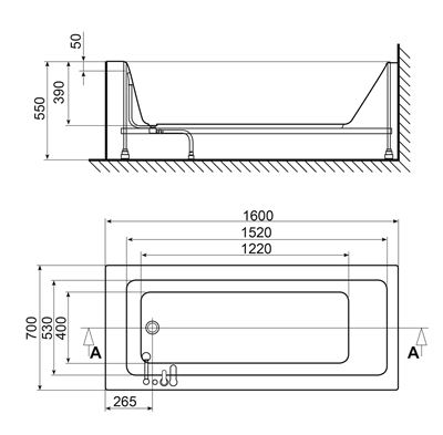 אמבטיה אקרילית מלבנית 160x70 בצבע לבן כולל קונסטרוקציה ואביק אוטומטי